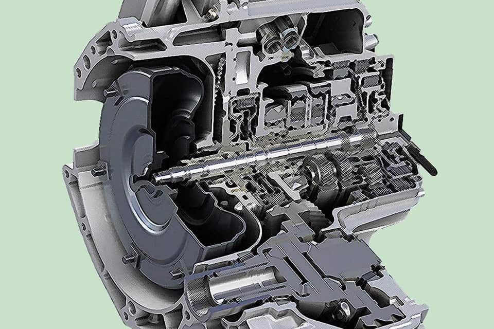 Cross-cut diagram of a transmission on a green background