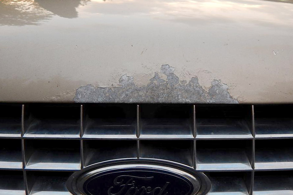 A large patch of hood paint is missing right above the grille, revealing the hood's bare metal.