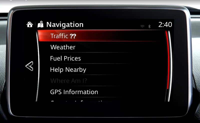 Mazda navigation screen with super-imposed question marks next to traffic