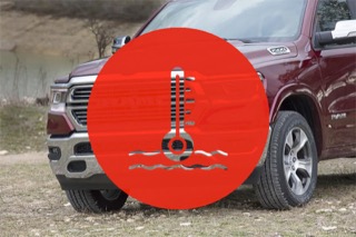 A red Ram 1500 truck with a coolant logo super-imposed over the top