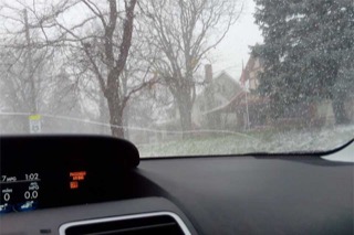 Image from inside the a 2016 Forester cabin showing a large horizontal crack along the bottom of the windshield.