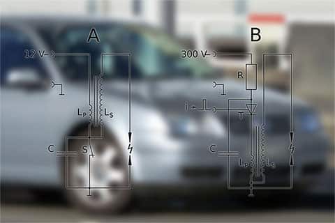 An ignition coil diagram over a blurred out image of a car