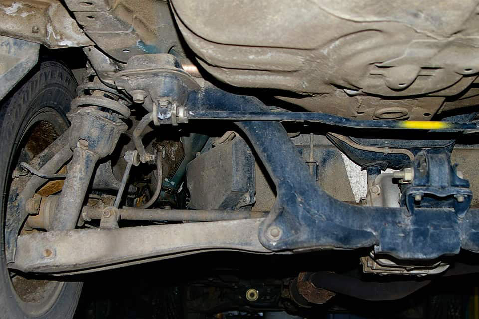 An underside view of an RLX suspension