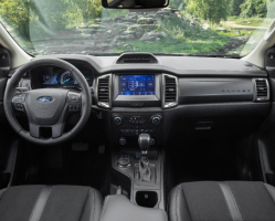 Console view of the gray interior of a Ford vehicle