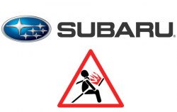 The Subaru logo placed above another logo depicting an exploding airbag, surrounded by a red triangle.