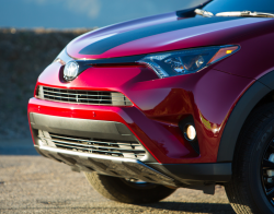 The front-end of a red and black RAV4